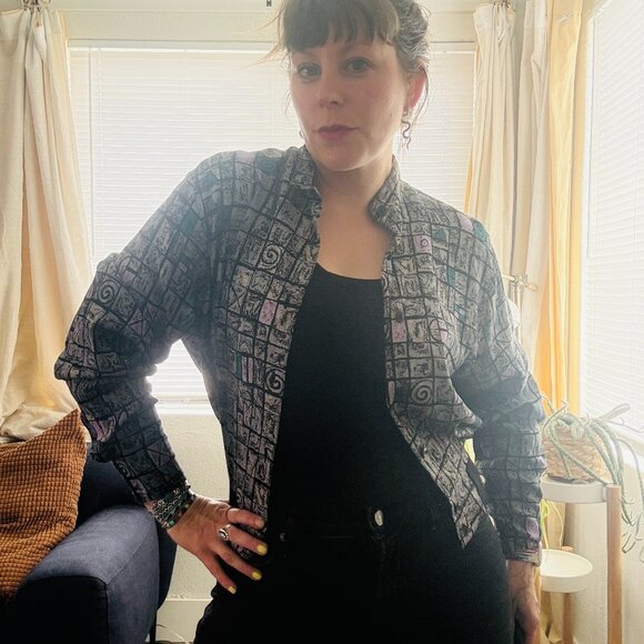 Price FIRM Vintage 80s 90s Grey Abstract Print Button Down Blouse Jacket | S/M - Picture 5 of 16